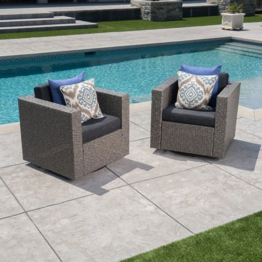 Outdoor Lounge Furniture * | Gdfstudio Gdf Studio Venice Outdoor Wicker Swivel Club Chair, Mix Black/Dark Gray, Set Of