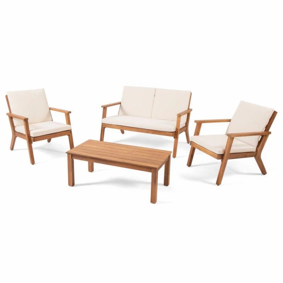 Outdoor Lounge Furniture * | Gdfstudio Temecula Outdoor Acacia Wood 4 Seat Chat Set With Cushions, Brown Patina Finish