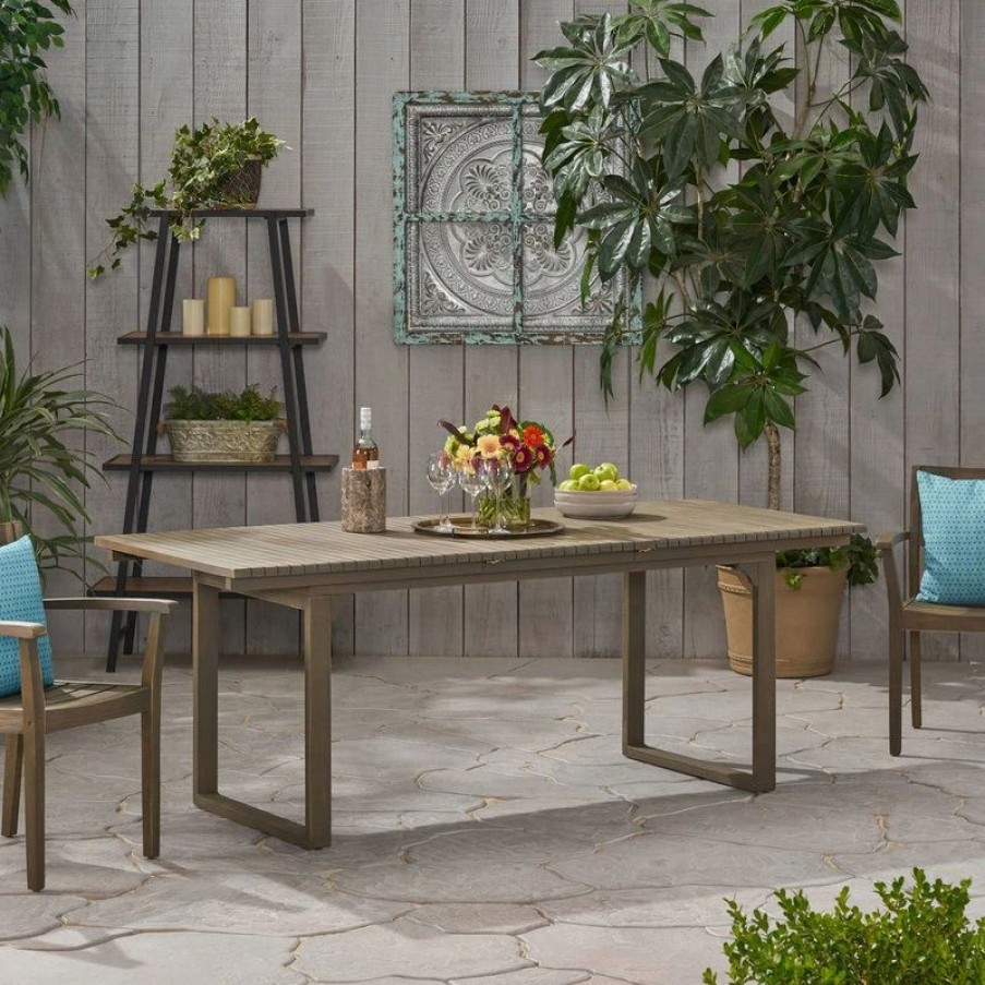 Outdoor Dining Furniture * | Gdfstudio Yilia Outdoor Expandable Acacia Wood Dining Table, Gray Finish