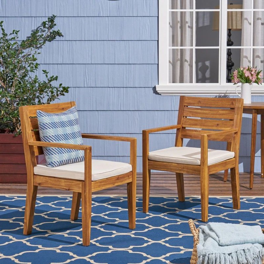 Outdoor Chairs * | Gdfstudio Gdf Studio Arely Outdoor Acacia Wood Dining Chairs, Set Of 2, Cream