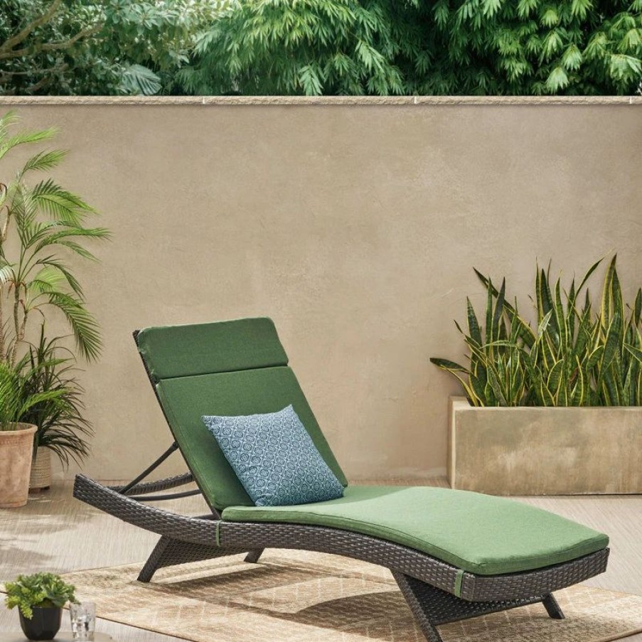 Outdoor Chairs * | Gdfstudio Gdf Studio Nassau Outdoor Gray Wicker Chaise Lounge, Jungle Green Cushion