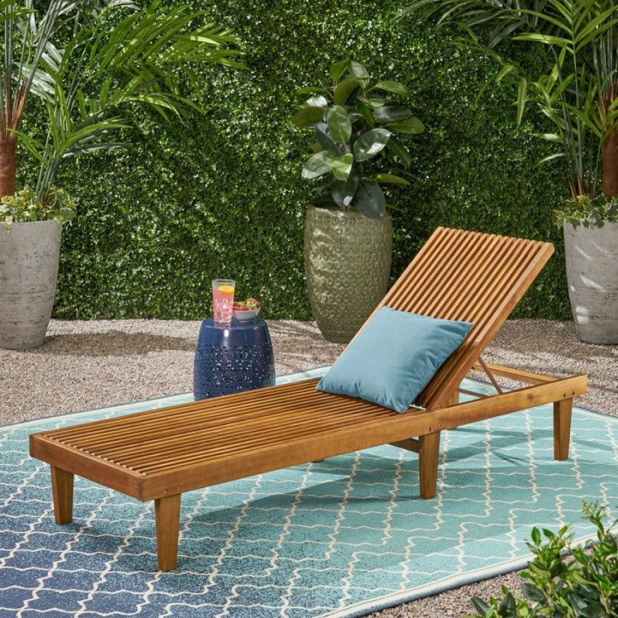 Outdoor Chairs * | Gdfstudio Addisyn Outdoor Wooden Chaise Lounge, Teak Finish