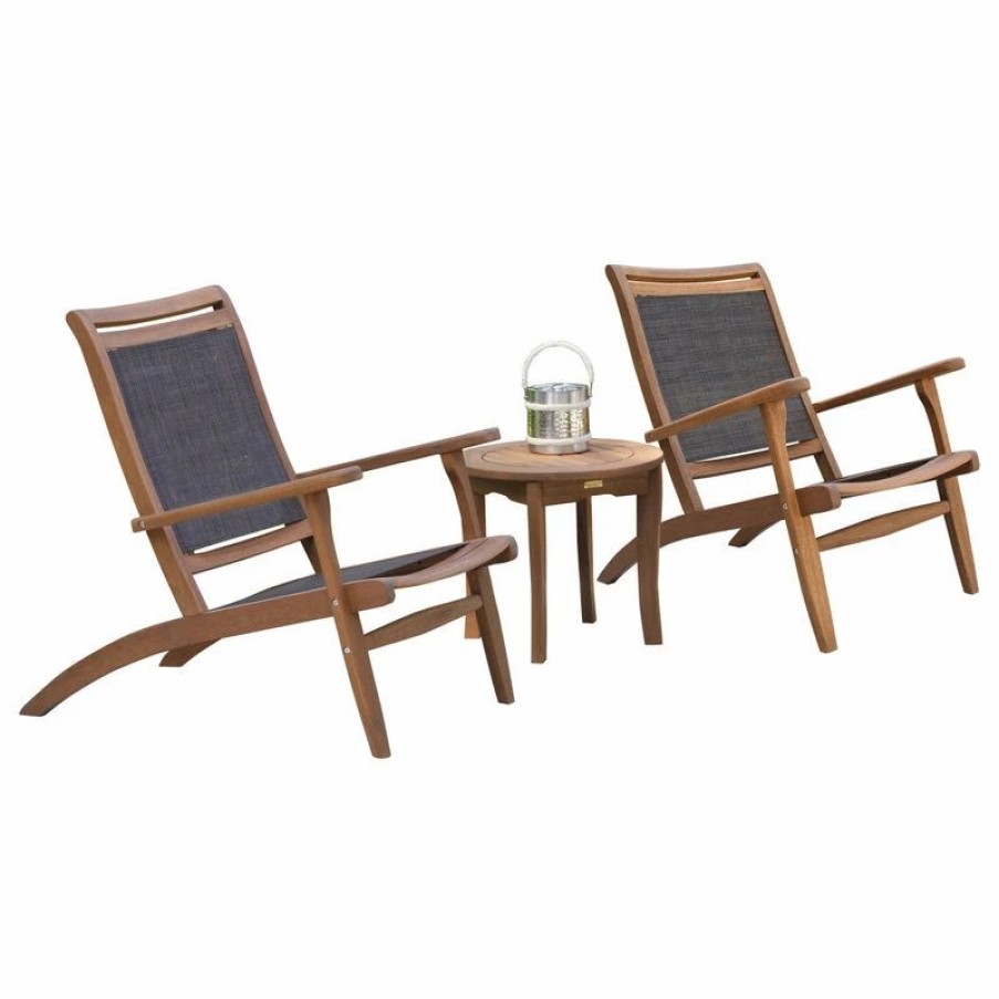 Outdoor Lounge Furniture * | Outdoor Interiors 3-Piece Eucalyptus And Sling Lounge Set With Round Accent Table