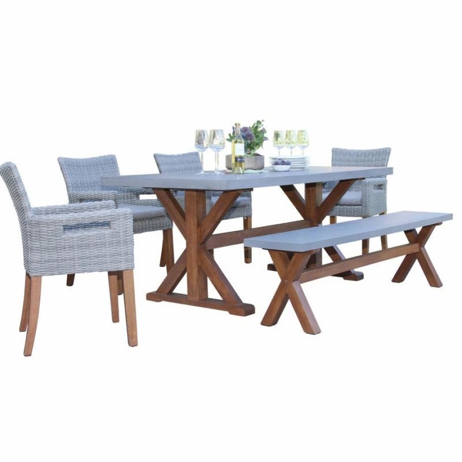 Outdoor Dining Furniture * | Outdoor Interiors 6-Piece Eucalyptus And Wicker Dining Set With Composite Backless Bench