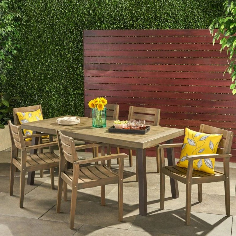 Outdoor Dining Furniture * | Gdfstudio Gdf Studio Avalon Outdoor 6-Seater Rectangular Acacia Wood Dining Set, Gray Fini