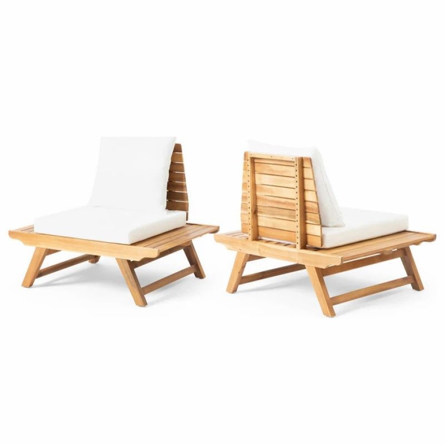 Outdoor Lounge Furniture * | Gdfstudio Kailee Outdoor Wooden Club Chairs With Cushions, Set Of 2, White/Teak