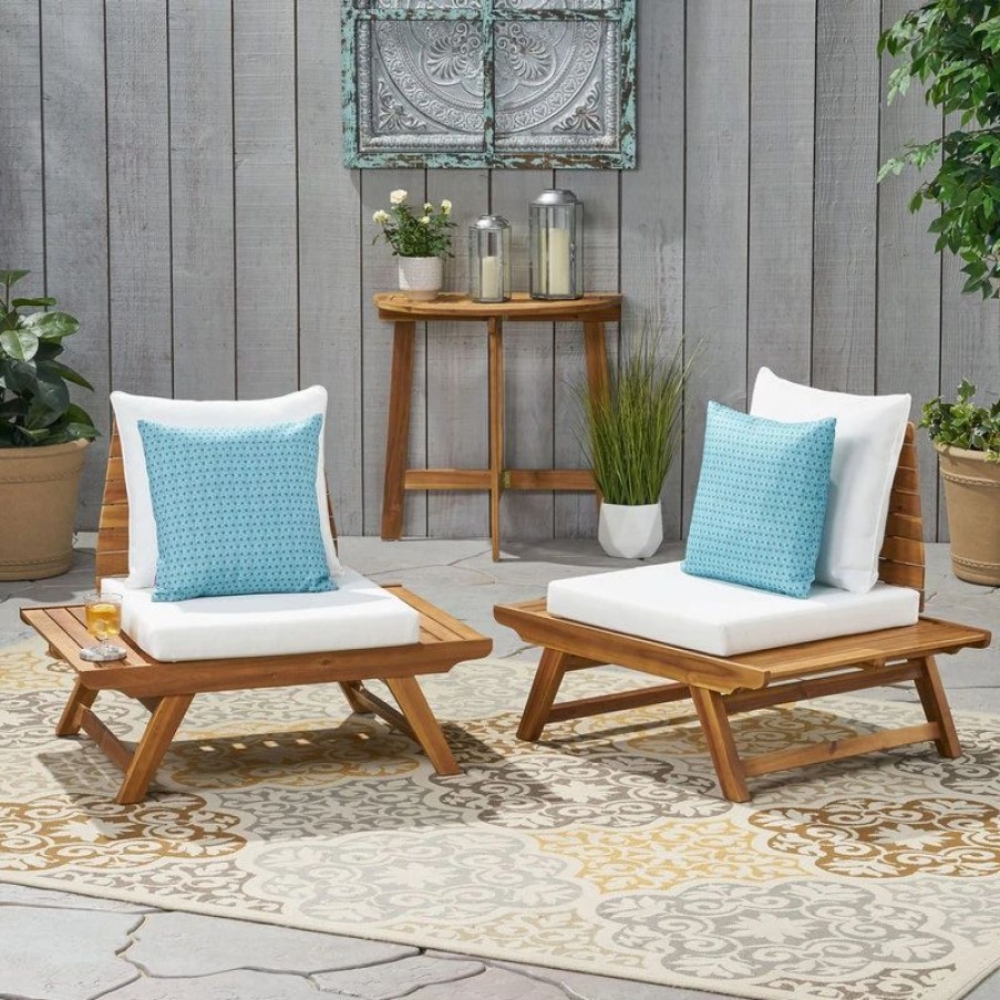 Outdoor Lounge Furniture * | Gdfstudio Kailee Outdoor Wooden Club Chairs With Cushions, Set Of 2, White/Teak