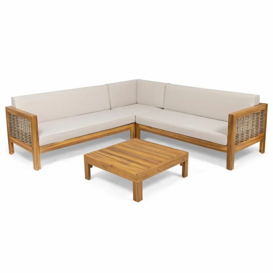 Outdoor Lounge Furniture * | Gdfstudio Elizabeth Wood And Wicker 5 Seater Sectional Sofa Set, Teak/Mixed Brown/ Beige