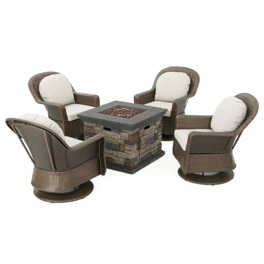 Outdoor Lounge Furniture * | Gdfstudio Gdf Studio 5-Piece Alameda Outdoor Fire Pit Wicker Chat Set, Brown/Ceramic Gray