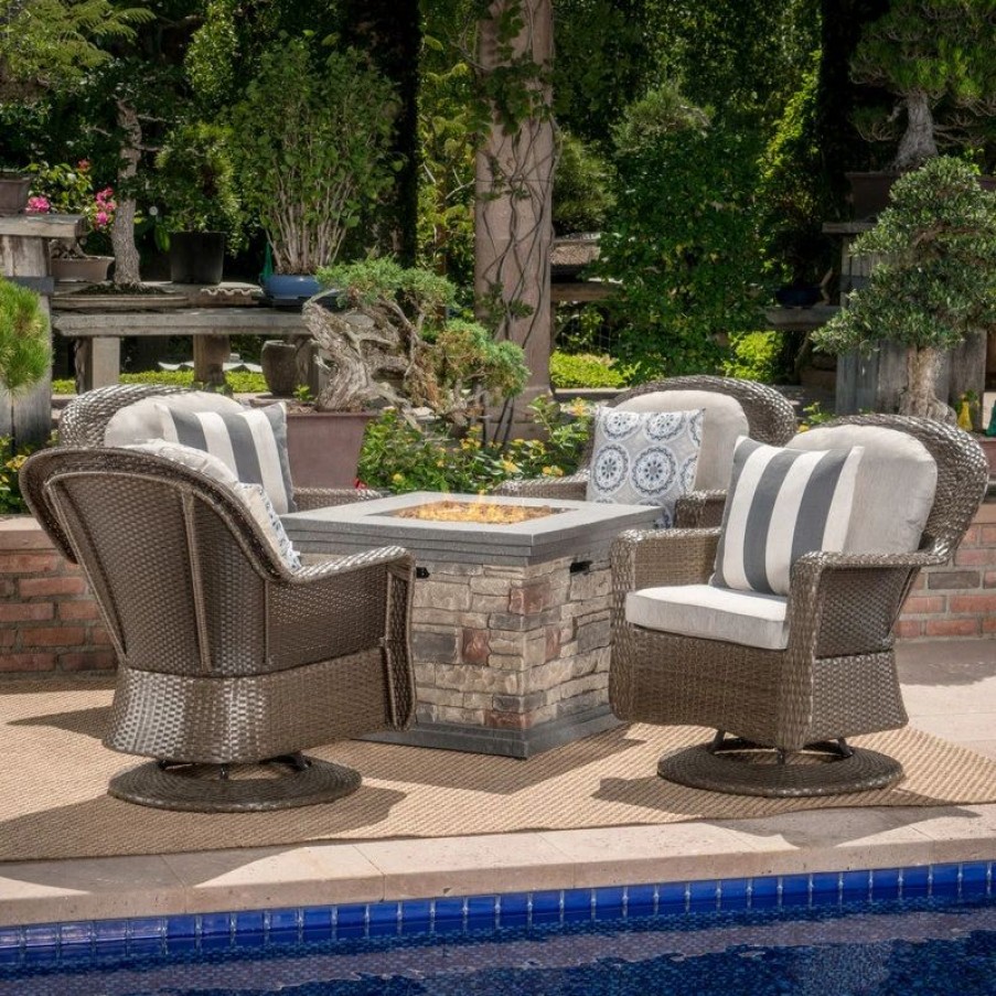 Outdoor Lounge Furniture * | Gdfstudio Gdf Studio 5-Piece Alameda Outdoor Fire Pit Wicker Chat Set, Brown/Ceramic Gray