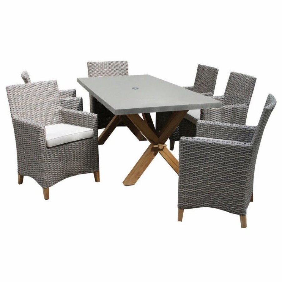 Outdoor Dining Furniture * | Outdoor Interiors 7-Piece Teak And Driftwood Gray Wicker Dining Set, Composite Top/Trestle Base