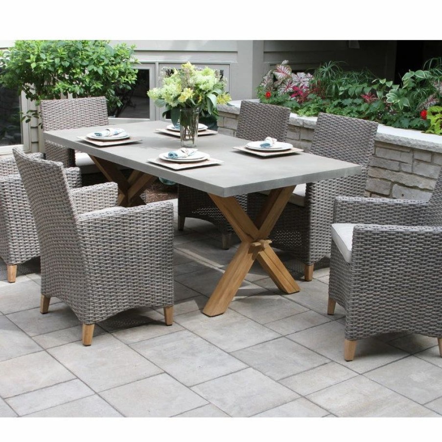 Outdoor Dining Furniture * | Outdoor Interiors 7-Piece Teak And Driftwood Gray Wicker Dining Set, Composite Top/Trestle Base