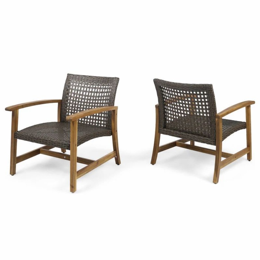 Outdoor Lounge Furniture * | Gdfstudio Gdf Studio Viola Outdoor Wood And Wicker Club Chairs, Teak/Mixed Mocha, Set Of 2