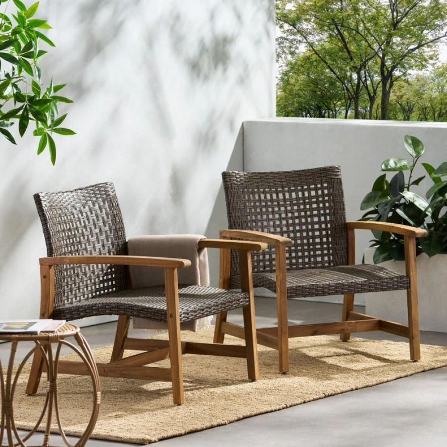 Outdoor Lounge Furniture * | Gdfstudio Gdf Studio Viola Outdoor Wood And Wicker Club Chairs, Teak/Mixed Mocha, Set Of 2