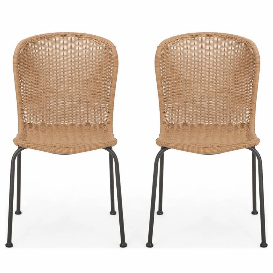 Outdoor Chairs * | Gdfstudio Lampman Outdoor Boho Wicker Dining Chair, Set Of 2, Light Brown/Black