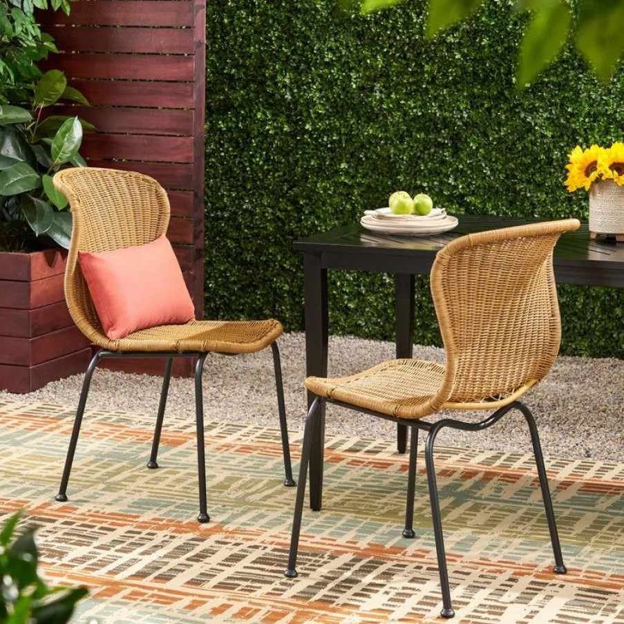 Outdoor Chairs * | Gdfstudio Lampman Outdoor Boho Wicker Dining Chair, Set Of 2, Light Brown/Black