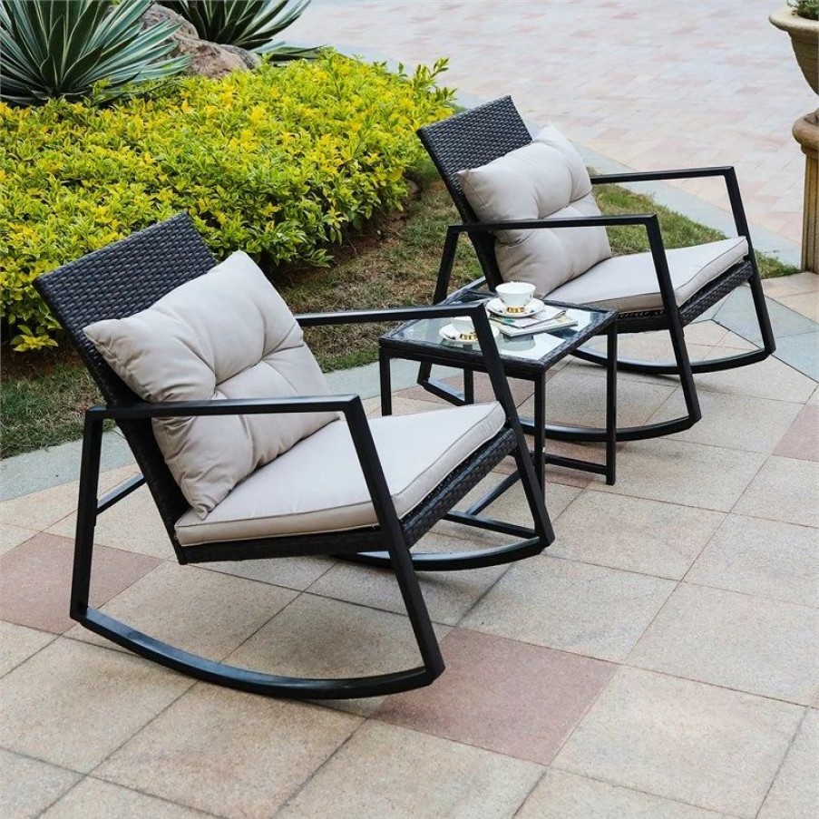 Outdoor Lounge Furniture * | Pemberly Row Traditional 3 Piece Iron And Wicker Patio Rocking Conversation Set