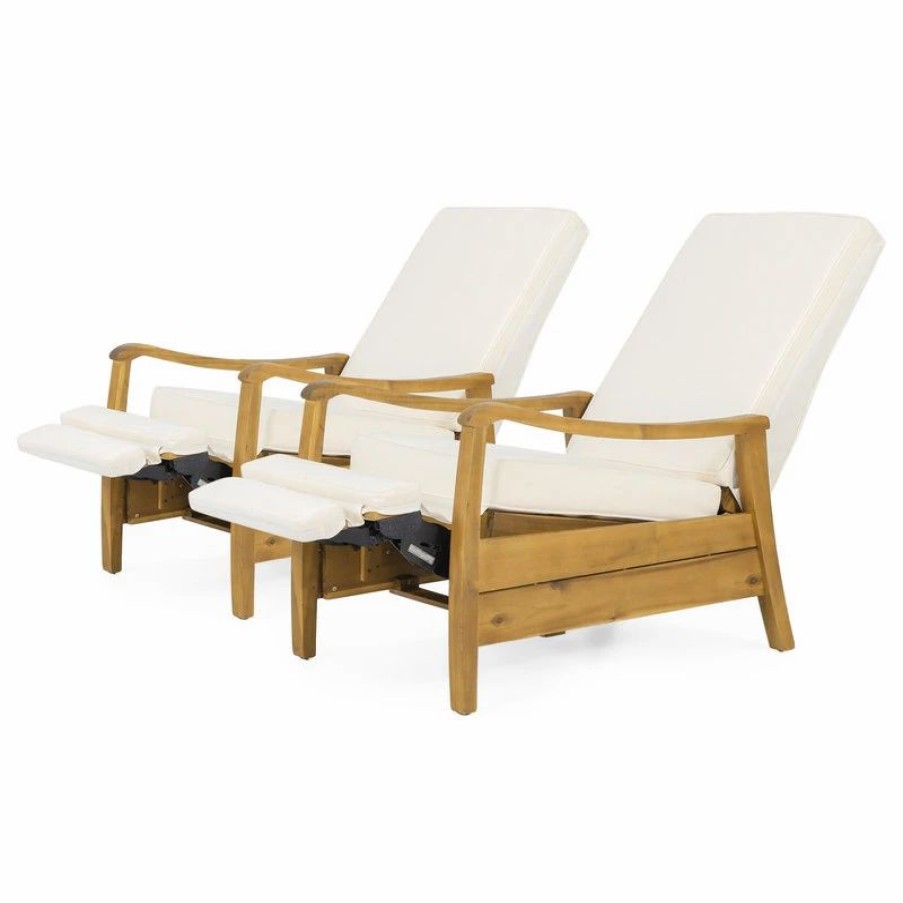 Outdoor Lounge Furniture * | Gdfstudio Sadlier Outdoor Acacia Wood Recliner Chair, Cushions, Set Of 2, Cream/Teak