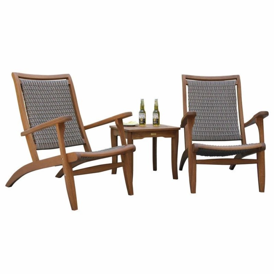 Outdoor Lounge Furniture * | Outdoor Interiors 3-Piece Eucalyptus And Gray Wicker Lounge Set With Square Accent Table