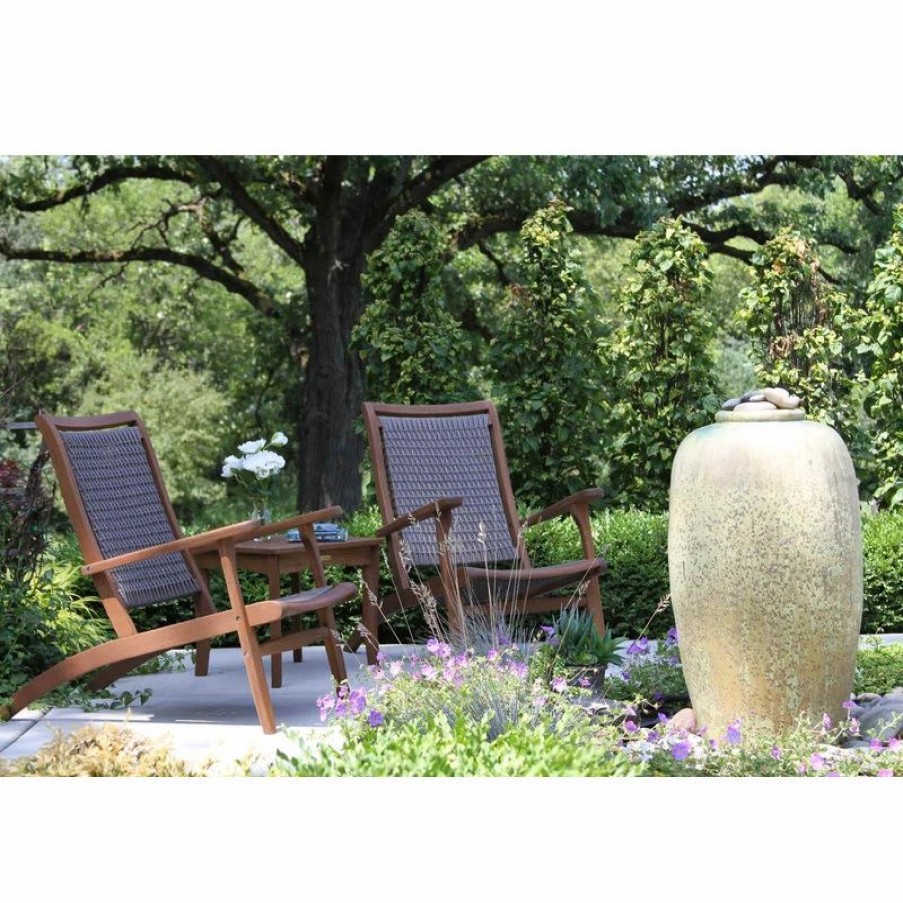 Outdoor Lounge Furniture * | Outdoor Interiors 3-Piece Eucalyptus And Gray Wicker Lounge Set With Square Accent Table