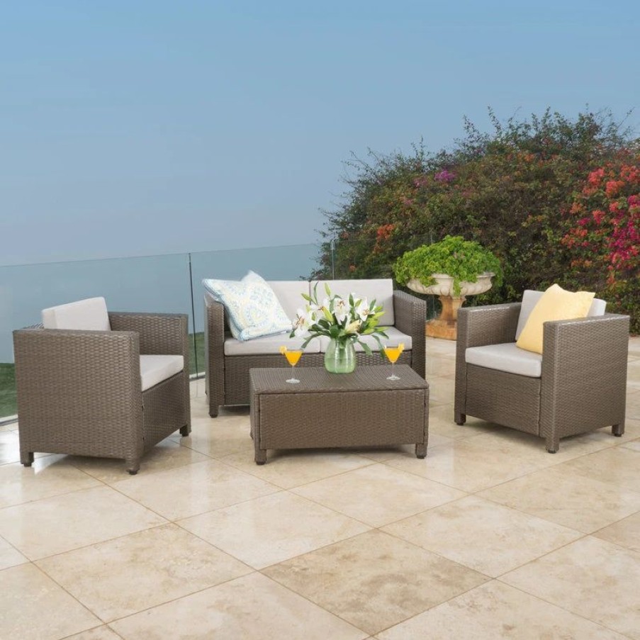 Outdoor Lounge Furniture * | Gdfstudio Gdf Studio 4-Piece Palma Outdoor S Brown Wicker Sofa Set