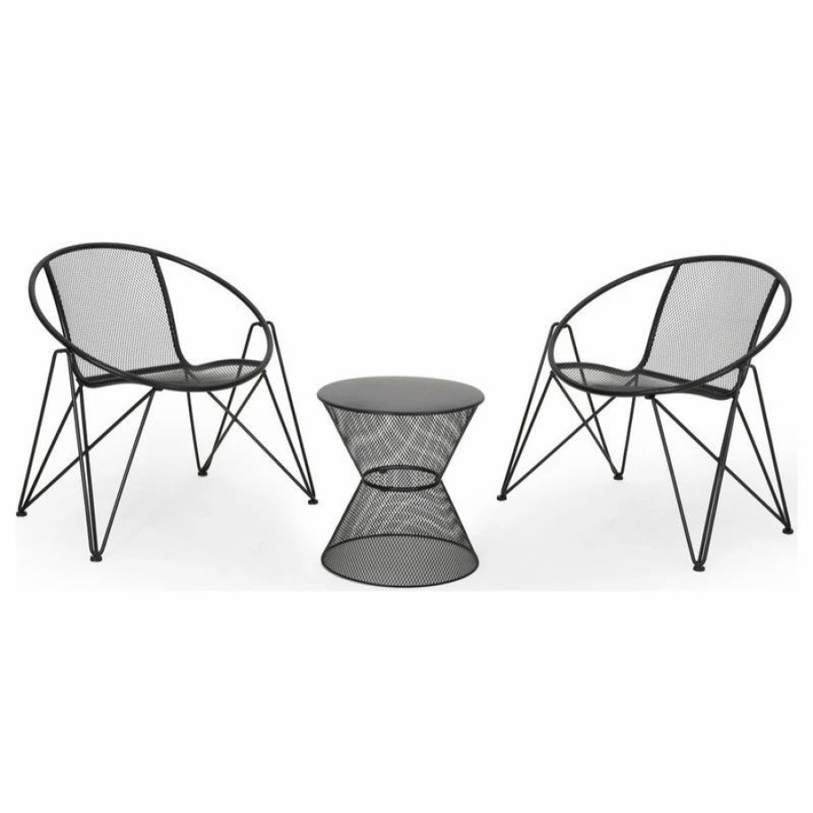 Outdoor Lounge Furniture * | Gdfstudio Janice Modern Outdoor Iron Chat Set With Side Table, Matte Black