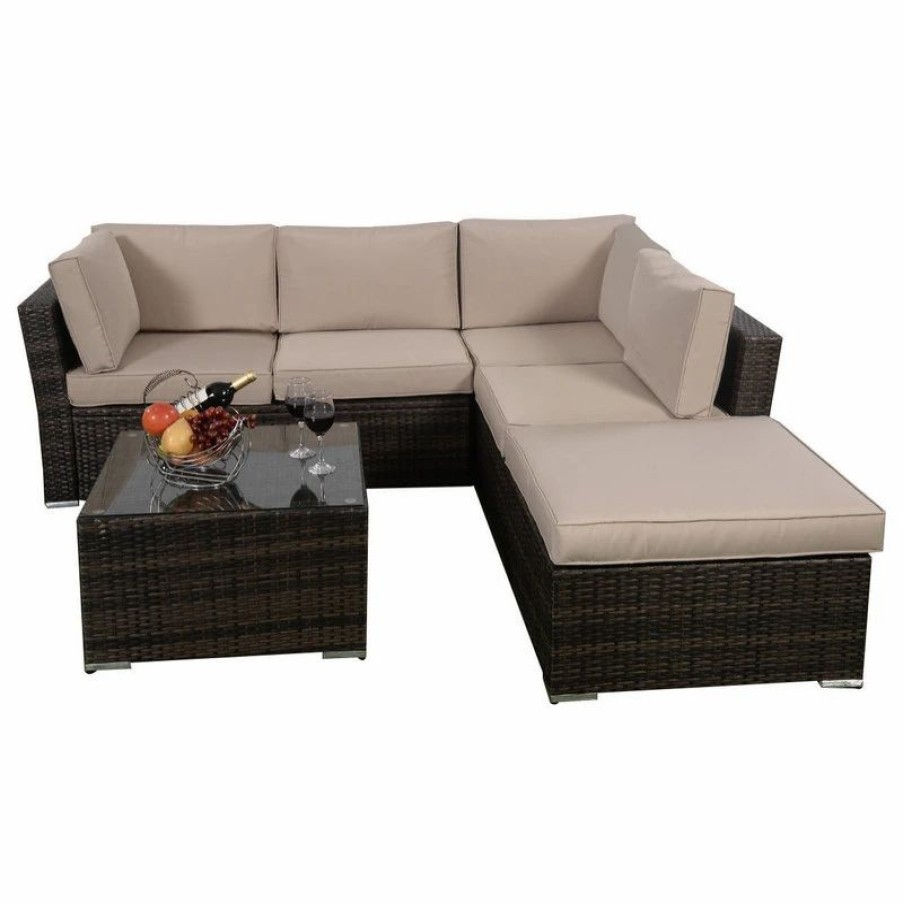 Outdoor Lounge Furniture * | Costway 4Pcs Wicker Cushioned Patio Rattan Furniture Set Sofa 5 Seat Garden