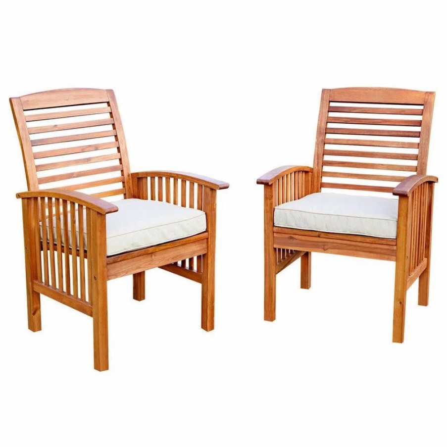 Outdoor Lounge Furniture * | Walker Edison Acacia Wood Outdoor Patio Chairs With Cushions, Set Of 2, Brown