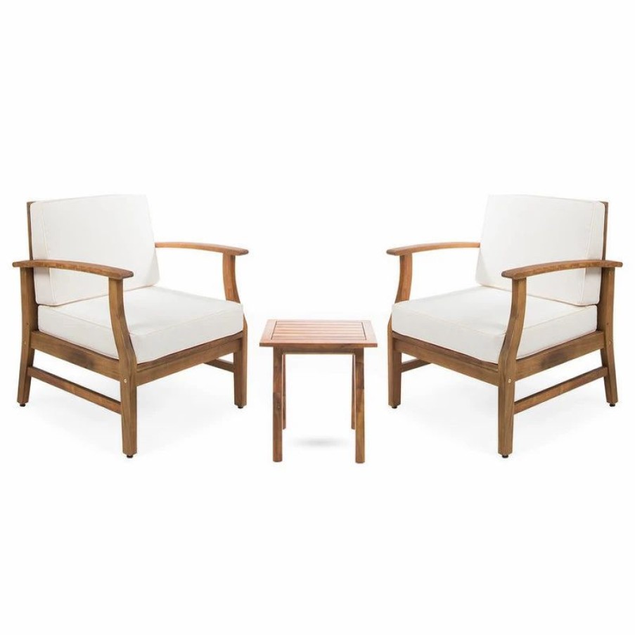 Outdoor Lounge Furniture * | Gdfstudio Gdf Studio 3-Piece Pearl Outdoor Acacia Wood Chat Set With Cushions, Cream