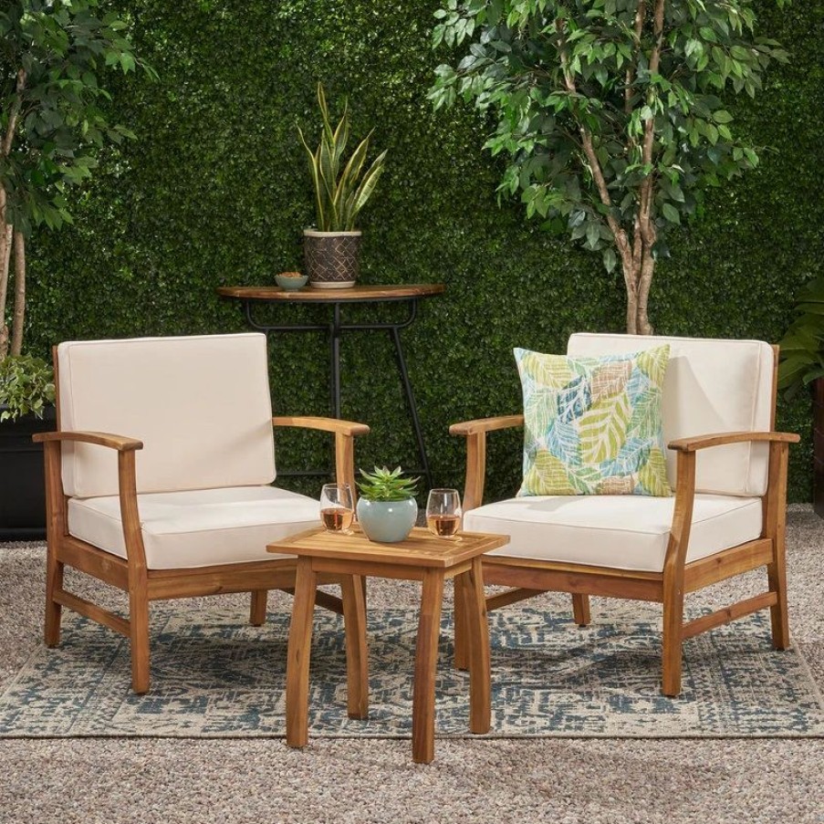 Outdoor Lounge Furniture * | Gdfstudio Gdf Studio 3-Piece Pearl Outdoor Acacia Wood Chat Set With Cushions, Cream