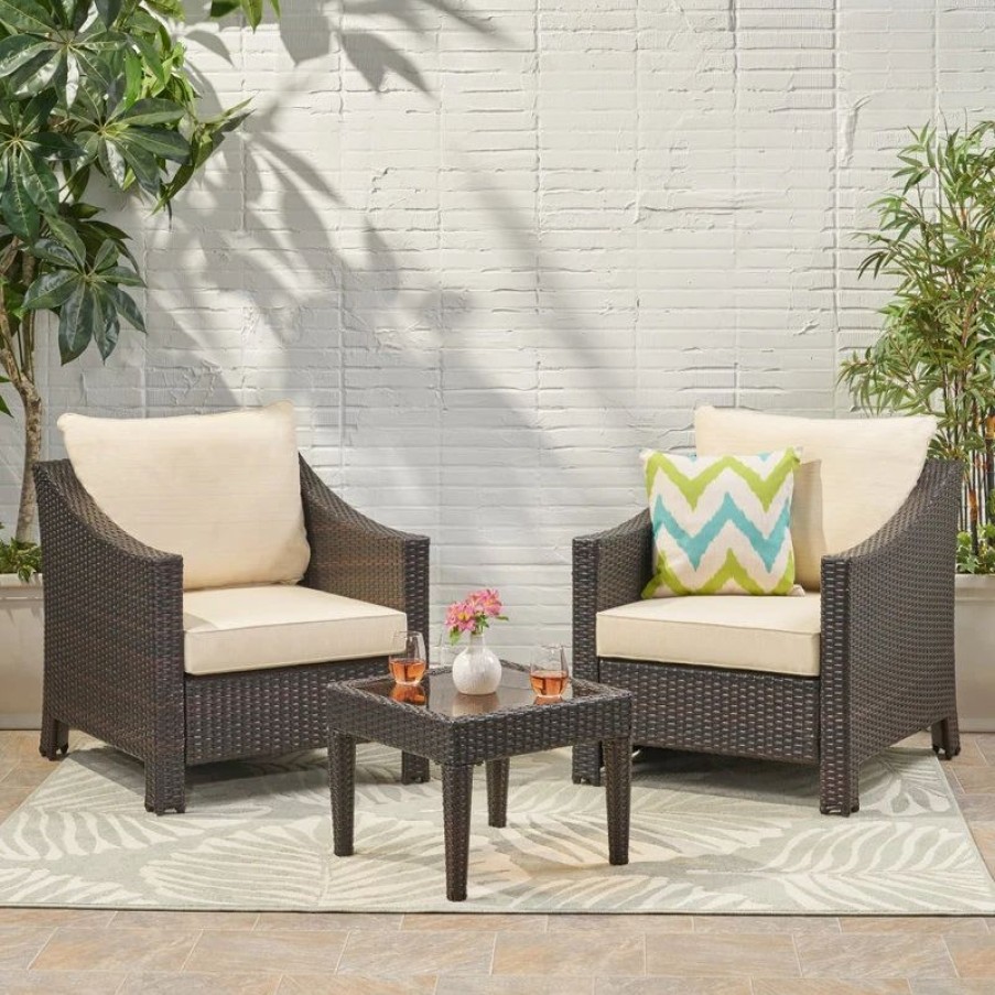 Outdoor Lounge Furniture * | Gdfstudio Gdf Studio 3-Piece Jones Outdoor Brown Wicker Bistro With Cushions Set