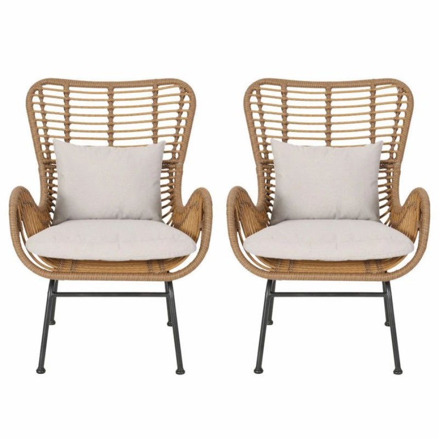 Outdoor Lounge Furniture * | Gdfstudio Crystal Outdoor Wicker Club Chairs With Cushions, Set Of 2, Light Brown/Black/Be