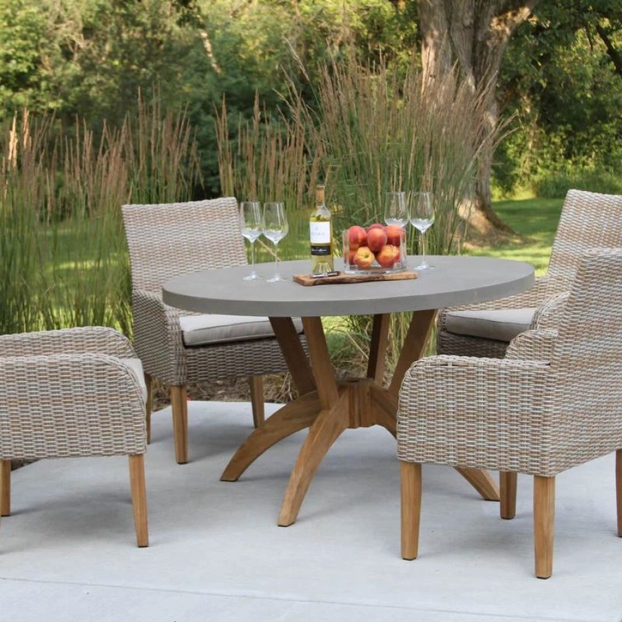 Outdoor Dining Furniture * | Outdoor Interiors 5-Piece Nautical Teak, Ash Gray Wicker Round Dining Set, Sunbrella