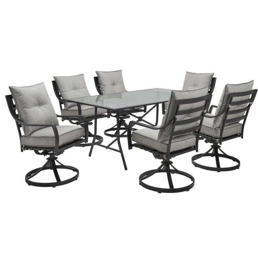 Outdoor Dining Furniture * | Hanover Lavallette7Pc: 6 Swivel Dining Chairs And Rectangle Glass Table Silver