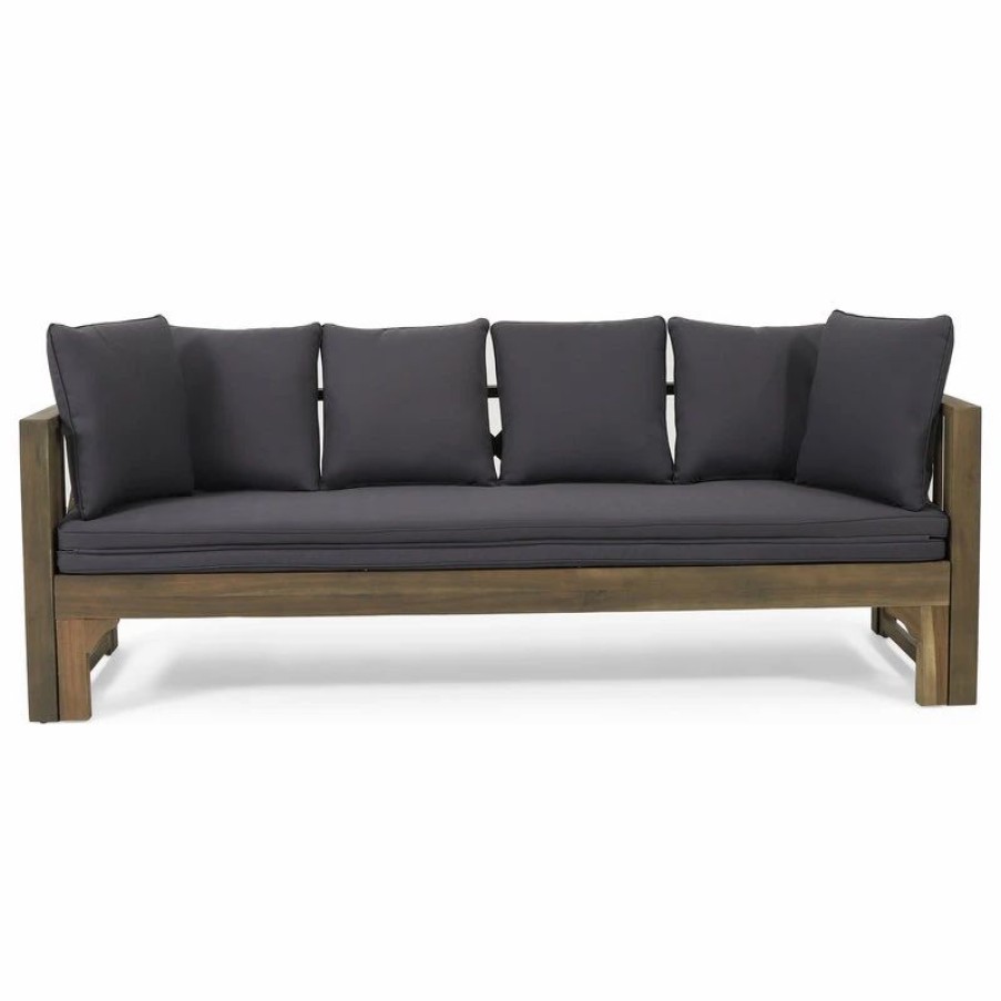 Outdoor Chairs * | Gdfstudio Camille Outdoor Extendable Acacia Wood Daybed Sofa, Dark Gray/Gray Finish