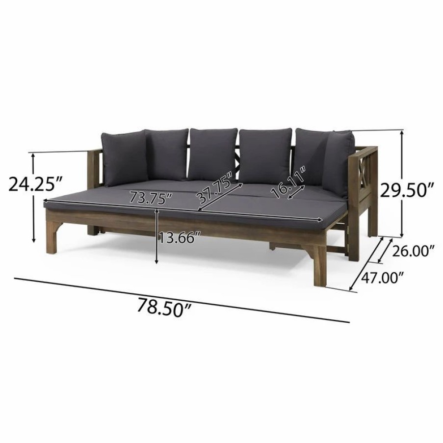 Outdoor Chairs * | Gdfstudio Camille Outdoor Extendable Acacia Wood Daybed Sofa, Dark Gray/Gray Finish