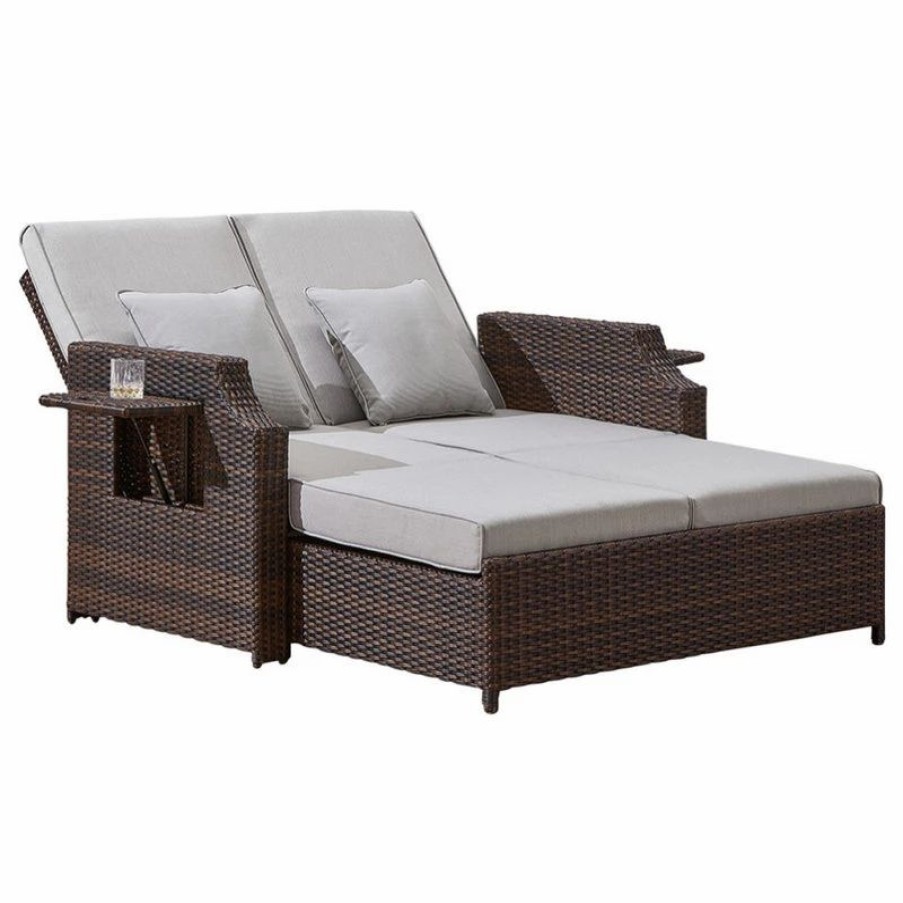 Outdoor Chairs * | Martha Stewart Sunnyside Daybed Dark Brown Wicker With Beige Olefin Cushions