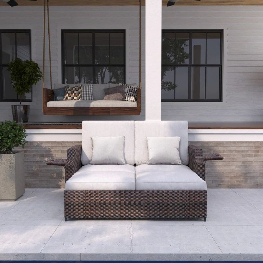 Outdoor Chairs * | Martha Stewart Sunnyside Daybed Dark Brown Wicker With Beige Olefin Cushions