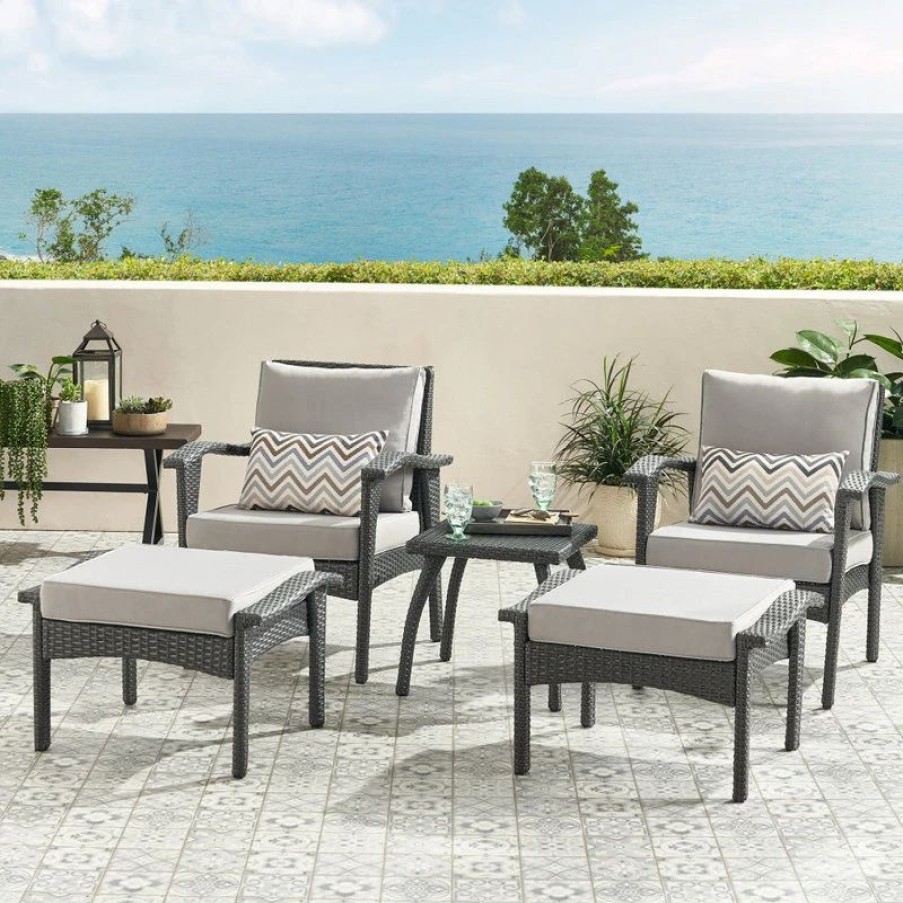 Outdoor Lounge Furniture * | Gdfstudio Gdf Studio 5-Piece Maui Outdoor Gray Wicker Seating With Cushions Set