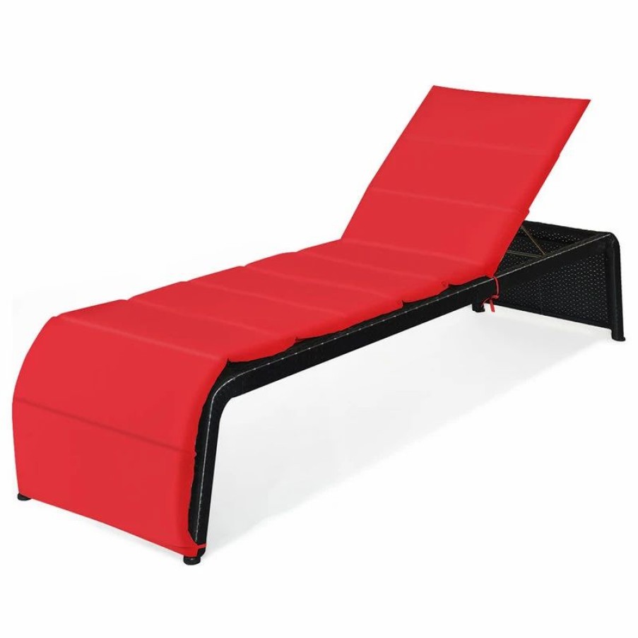 Outdoor Chairs * | Costway Patio Rattan Lounge Chair Chaise Recliner Back Adjustable Cushioned Red