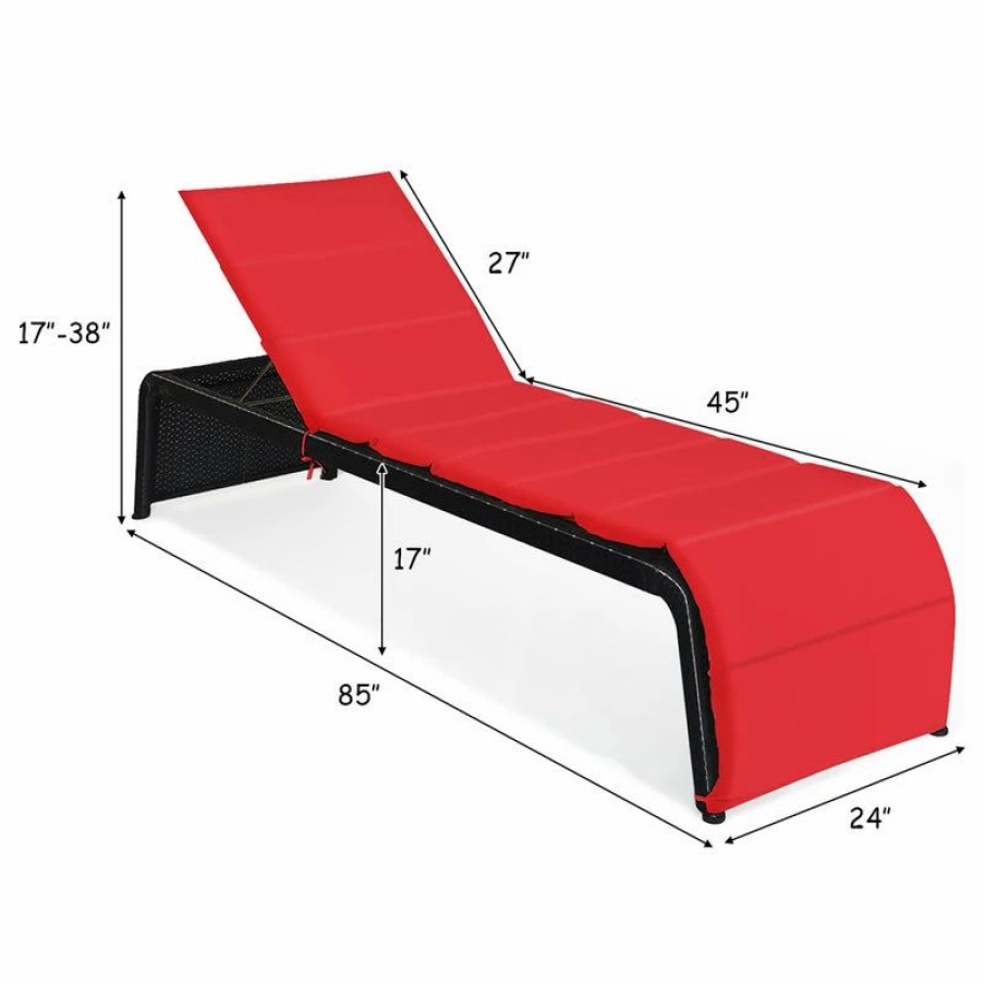 Outdoor Chairs * | Costway Patio Rattan Lounge Chair Chaise Recliner Back Adjustable Cushioned Red