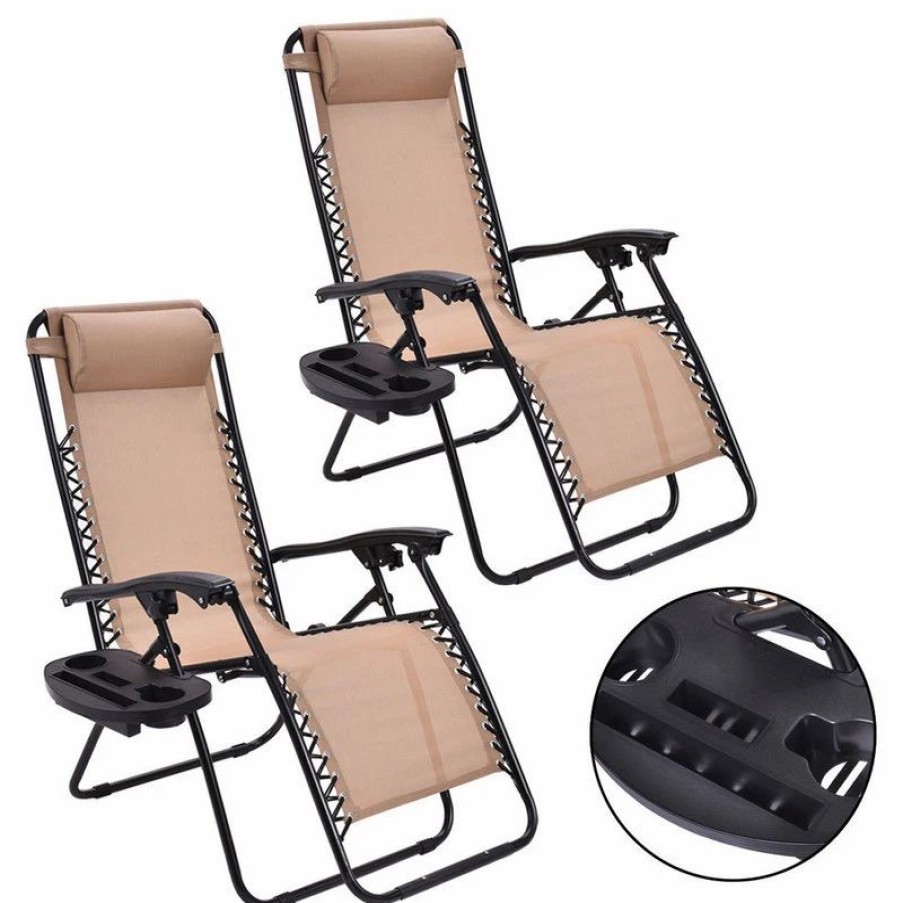 Outdoor Chairs * | Costway 2Pc Zero Gravity Chairs Lounge Patio Folding Recliner W/Cup Holder