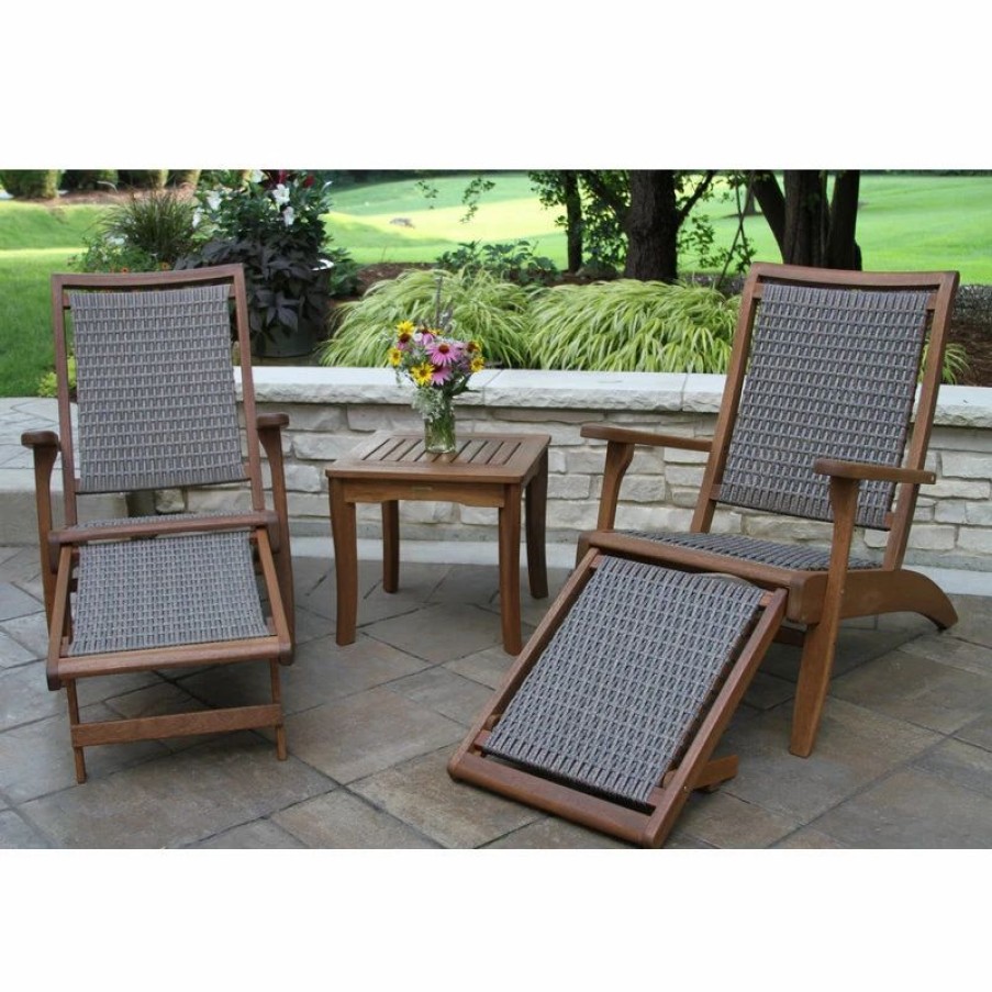 Outdoor Lounge Furniture * | Outdoor Interiors 3-Piece Eucalyptus And Wicker Lounger Set With Ottoman And Square Accent Table