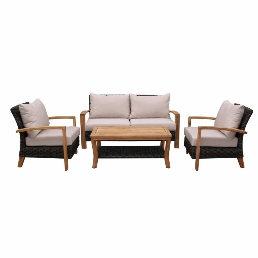 Outdoor Lounge Furniture * | Outdoor Interiors 4-Piece Teak And Brown Wicker Seating Set With Sunbrella Cushions