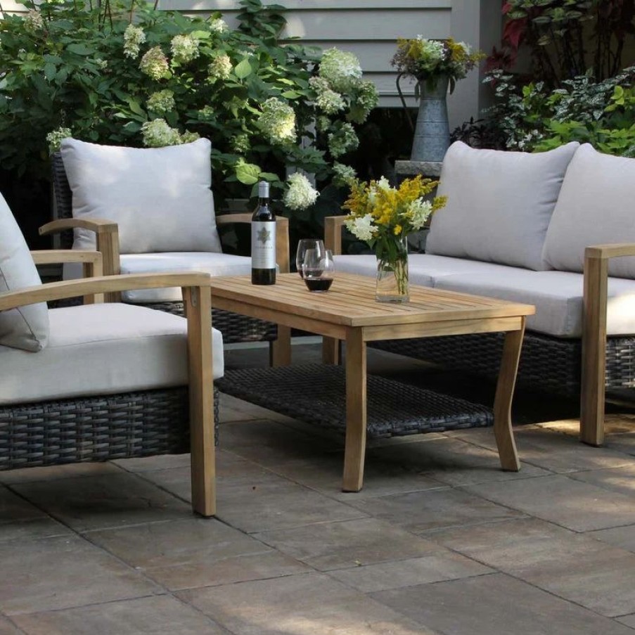 Outdoor Lounge Furniture * | Outdoor Interiors 4-Piece Teak And Brown Wicker Seating Set With Sunbrella Cushions