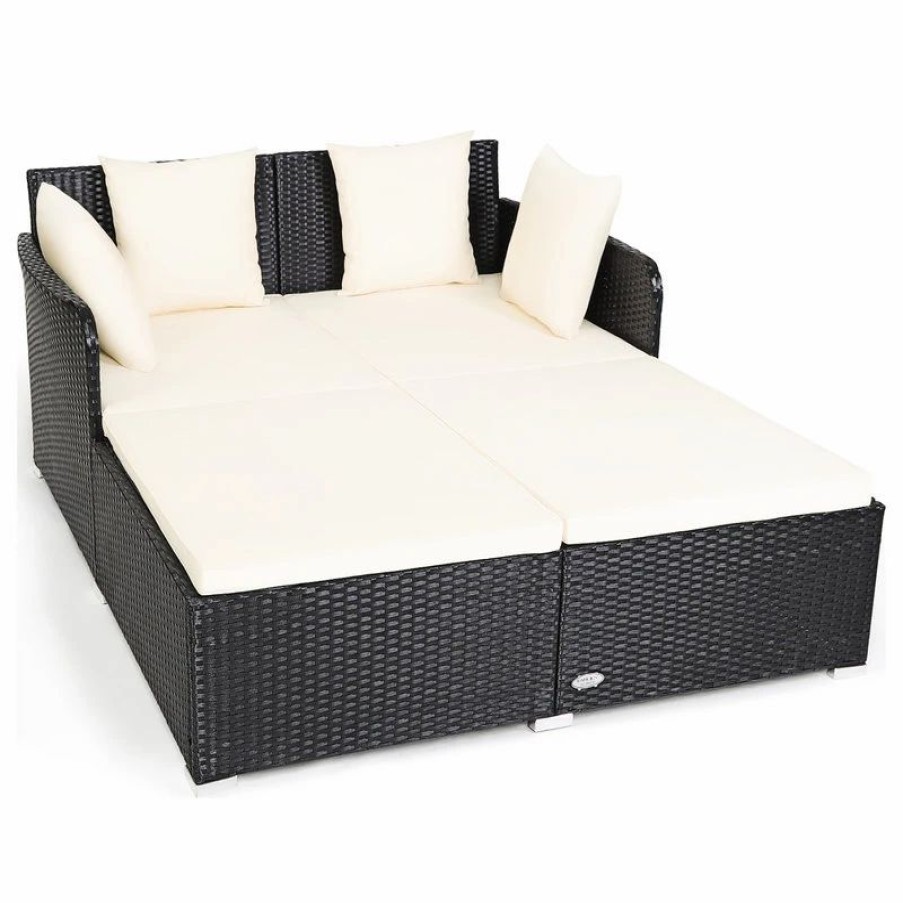 Outdoor Lounge Furniture * | Costway Outdoor Patio Rattan Daybed Pillows Cushioned Sofa Furniture Biege