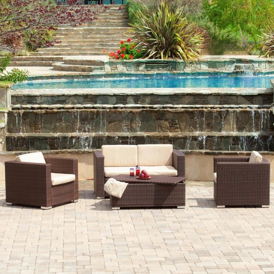 Outdoor Lounge Furniture * | Gdfstudio Gdf Studio 4-Piece Montague Outdoor Brown Wicker Sofa Set