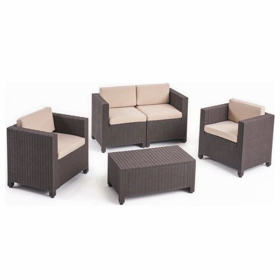 Outdoor Lounge Furniture * | Gdfstudio Riley Outdoor All Weather Faux Wicker 4 Seater Chat Set With Cushions, Dark Brow