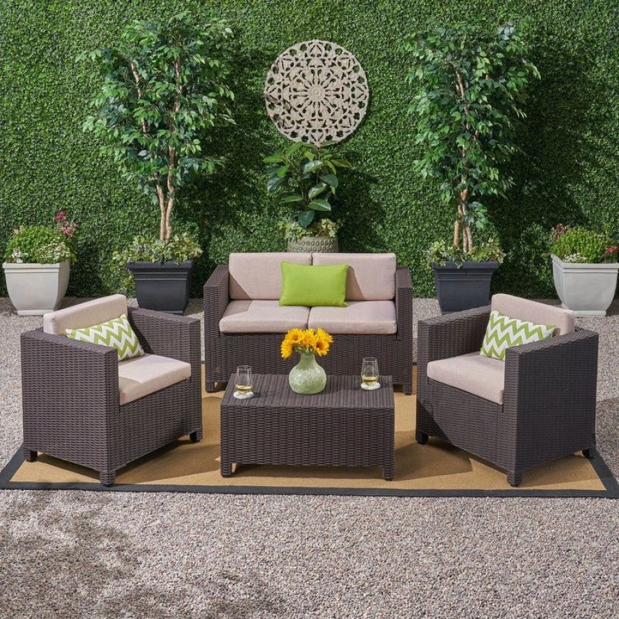 Outdoor Lounge Furniture * | Gdfstudio Riley Outdoor All Weather Faux Wicker 4 Seater Chat Set With Cushions, Dark Brow