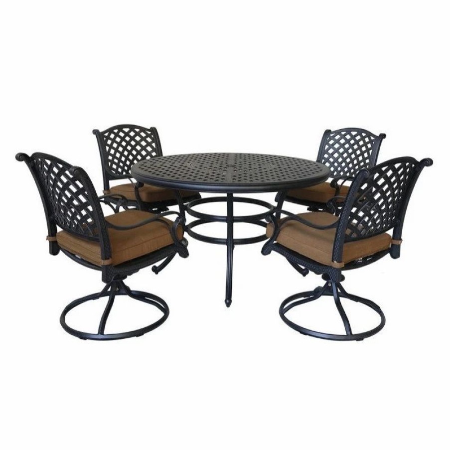 Outdoor Dining Furniture * | Ipatio Furniture Carlsbad Cast Aluminum 5-Piece Round Dining Set With 4 Swivel Rockers, Dark Lava